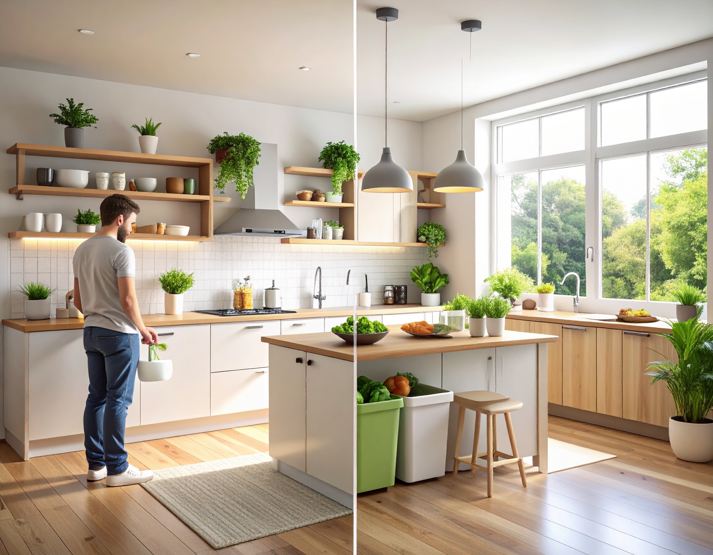 Illustration minimaliste et moderne montrant un écran partagé – un côté représente une personne dans une cuisine