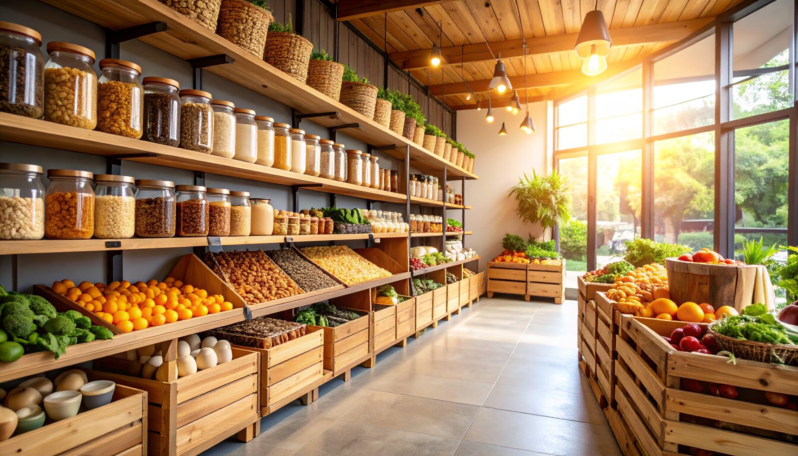 side view of an eco-friendly zero-waste store interior, showcasing a central aisle