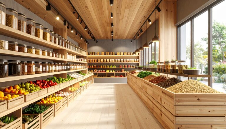 Side view of an eco-friendly zero-waste store interior, showcasing a central aisle