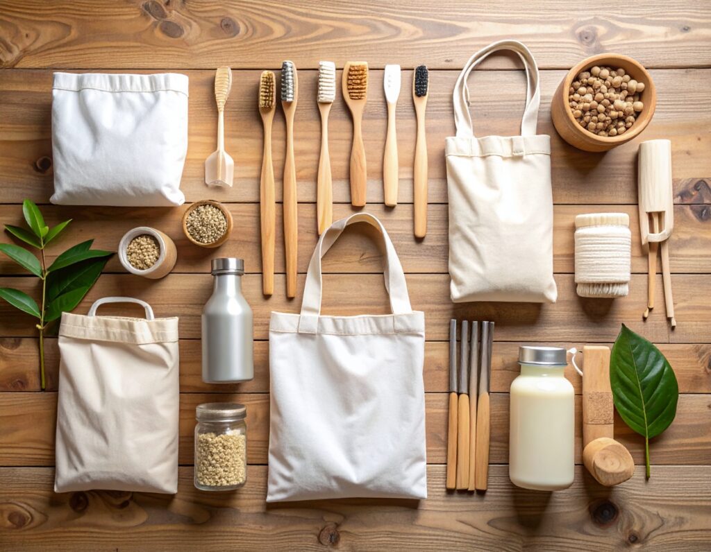 Top-down view of a minimalist zero-waste lifestyle flat lay- reusable cotton bags, st 432137