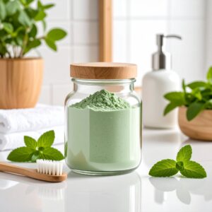 Un bocal en verre rempli de poudre dentifrice à la menthe naturelle, avec un ustensile en bois