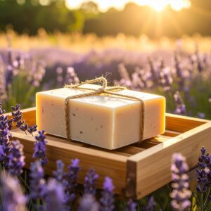 Savon artisanal à la lavande bio sur un plateau en bois