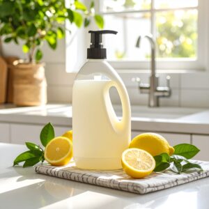 Bouteille de liquide vaisselle avec des tranches de citron et des feuilles vertes