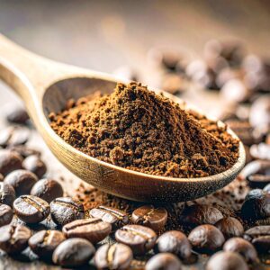 Café moulu bio Arabica dans une cuillère en bois rustique