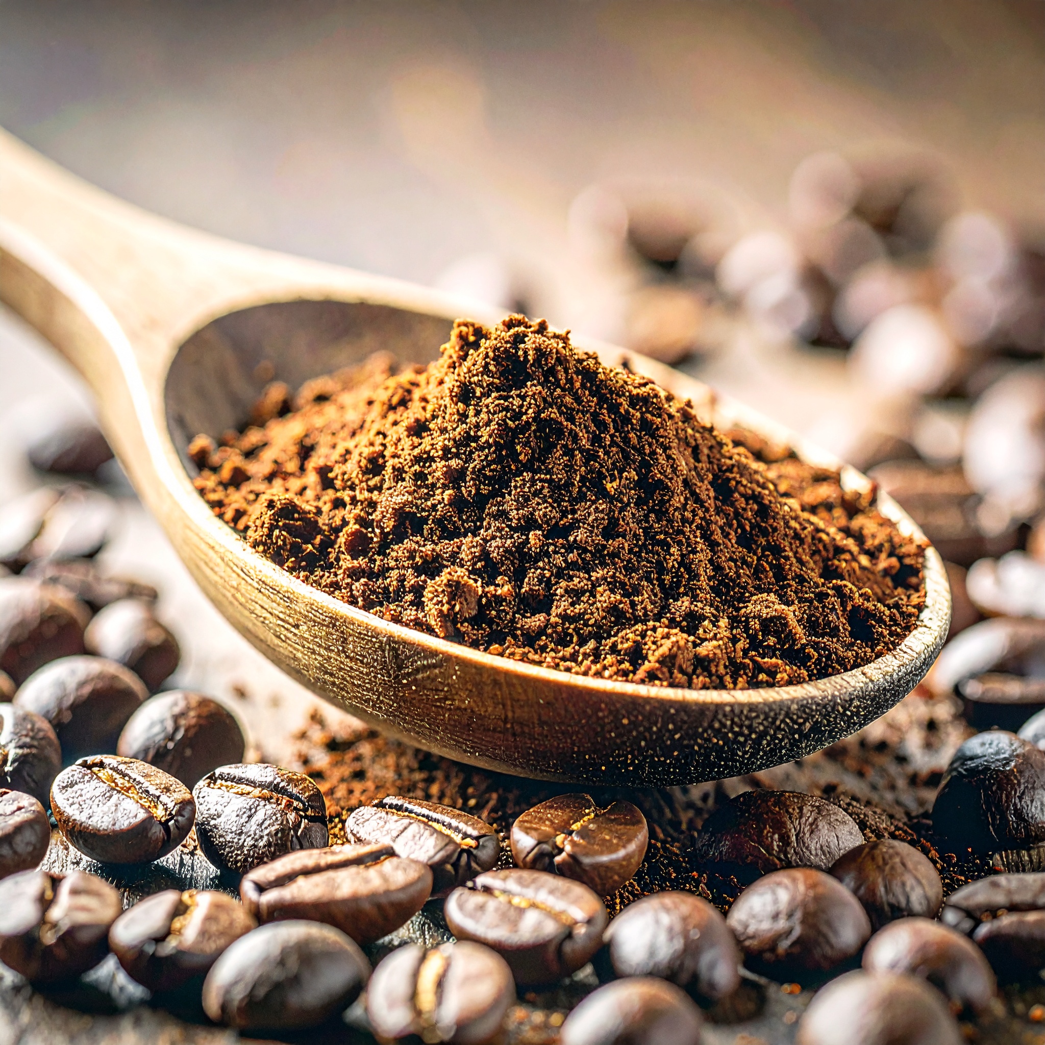 Café moulu bio Arabica dans une cuillère en bois rustique