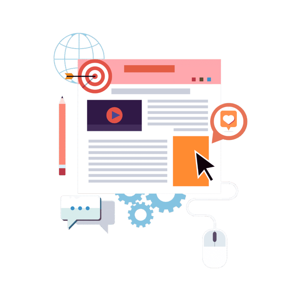 Illustration de marketing digital avec une page web- une souris d’ordinateur - des icônes de réseaux sociaux - éléments de stratégie en ligne