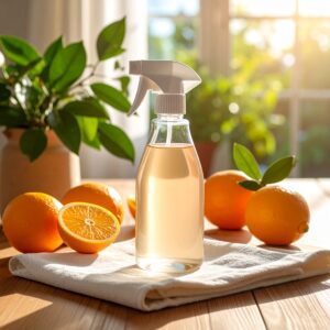 Spray nettoyant ménager à base de vinaigre, posé sur une table en bois